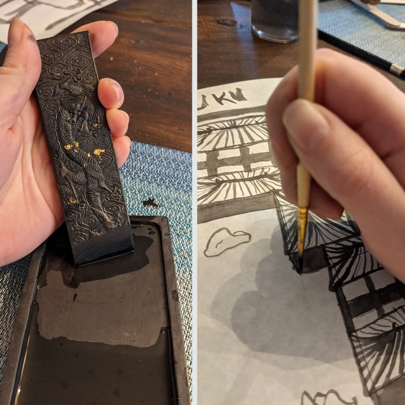 a photo of Edith dissolving an ink stick in an inkwell and one of her painting Tsuku